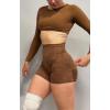 imageAoxjox Workout Long Sleeve Crop Tops for Women Clarissa Backless Gym Cropped T Shirt TopDandelion Brown
