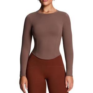 imageAoxjox Long Sleeve TShirt for Women GEO Seamlines Padded Baby Tee Workout Crop TopFudge Coffee