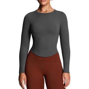 imageAoxjox Long Sleeve TShirt for Women GEO Seamlines Padded Baby Tee Workout Crop TopIron Grey