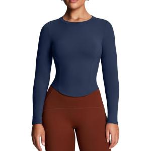 imageAoxjox Long Sleeve TShirt for Women GEO Seamlines Padded Baby Tee Workout Crop TopNavy