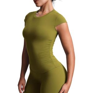 imageAoxjox Womens Cap Sleeve TShirts Crew Neck Velura Ruched Tee Without Padded Workout PlushFlex Gym Yoga Crop TopMoss