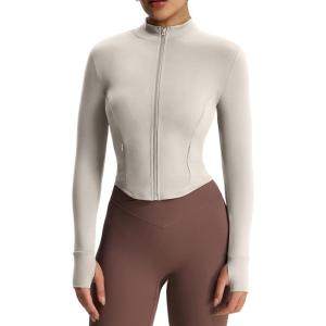 imageAoxjox Womens Full Zippered Geo Zip Jacket Workout Buttery Soft PlushFlex Long Sleeve Thumbhole with Pockets CardiganAlmond