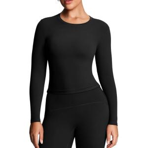 imageAoxjox Womens Long Sleeve Top Classic Workout Active Crew Neck TShirts Regular Length TopsBlack