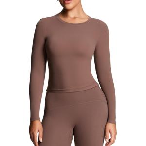 imageAoxjox Womens Long Sleeve Top Classic Workout Active Crew Neck TShirts Regular Length TopsFudge Coffee
