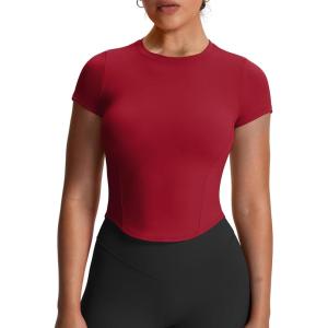 imageAoxjox Womens Short Sleeve TShirts GEO Baby Tee Workout Gym Yoga Crop TopRumba Red