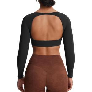 imageAoxjox Workout Long Sleeve Crop Tops for Women Clarissa Backless Gym Cropped T Shirt TopA Black