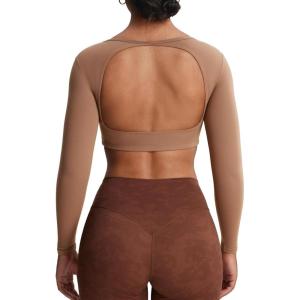 imageAoxjox Workout Long Sleeve Crop Tops for Women Clarissa Backless Gym Cropped T Shirt TopBrownie