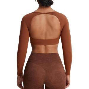 imageAoxjox Workout Long Sleeve Crop Tops for Women Clarissa Backless Gym Cropped T Shirt TopCherry Mahogany