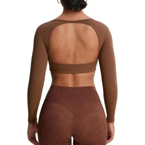 imageAoxjox Workout Long Sleeve Crop Tops for Women Clarissa Backless Gym Cropped T Shirt TopDandelion Brown