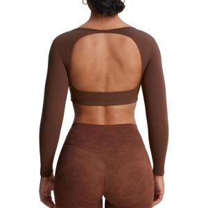 imageAoxjox Workout Long Sleeve Crop Tops for Women Clarissa Backless Gym Cropped T Shirt TopDark Brown