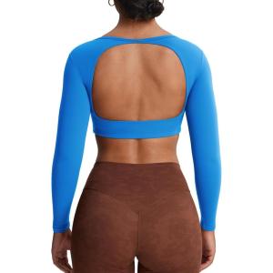 imageAoxjox Workout Long Sleeve Crop Tops for Women Clarissa Backless Gym Cropped T Shirt TopDirectoire Blue