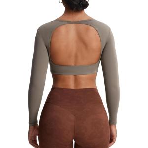 imageAoxjox Workout Long Sleeve Crop Tops for Women Clarissa Backless Gym Cropped T Shirt TopDriftwood