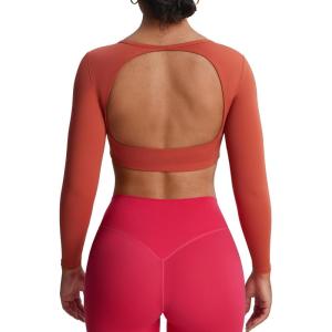 imageAoxjox Workout Long Sleeve Crop Tops for Women Clarissa Backless Gym Cropped T Shirt TopEarthy Brown