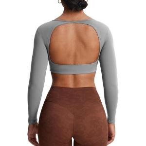 imageAoxjox Workout Long Sleeve Crop Tops for Women Clarissa Backless Gym Cropped T Shirt TopGrey