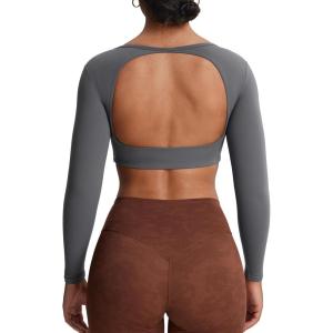 imageAoxjox Workout Long Sleeve Crop Tops for Women Clarissa Backless Gym Cropped T Shirt TopIron Grey