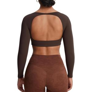 imageAoxjox Workout Long Sleeve Crop Tops for Women Clarissa Backless Gym Cropped T Shirt TopMulch