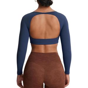 imageAoxjox Workout Long Sleeve Crop Tops for Women Clarissa Backless Gym Cropped T Shirt TopNavy