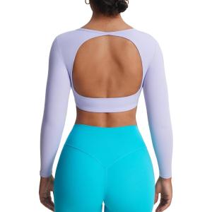 imageAoxjox Workout Long Sleeve Crop Tops for Women Clarissa Backless Gym Cropped T Shirt TopPurple Heather