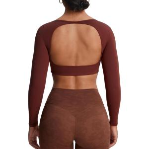 imageAoxjox Workout Long Sleeve Crop Tops for Women Clarissa Backless Gym Cropped T Shirt TopRum Raisin