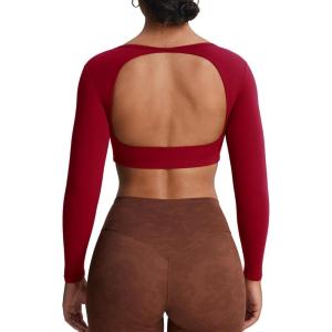 imageAoxjox Workout Long Sleeve Crop Tops for Women Clarissa Backless Gym Cropped T Shirt TopRumba Red