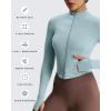 image:imageAoxjox Womens Geo Full Zip Velura Jacket Workout Buttery Soft PlushFlex Long Sleeve Thumbhole with Pocket CardiganCloud Steel Blue