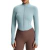 image:imageAoxjox Womens Geo Full Zip Velura Jacket Workout Buttery Soft PlushFlex Long Sleeve Thumbhole with Pocket CardiganCloud Steel Blue
