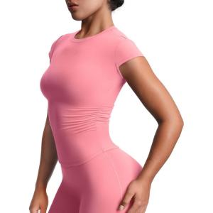 image:imageAoxjox Womens Cap Sleeve TShirts Crew Neck Velura Ruched Tee Without Padded Workout PlushFlex Gym Yoga Crop TopRose Clay