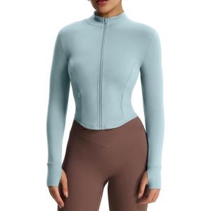 image:imageAoxjox Womens Geo Full Zip Velura Jacket Workout Buttery Soft PlushFlex Long Sleeve Thumbhole with Pocket CardiganCloud Steel Blue