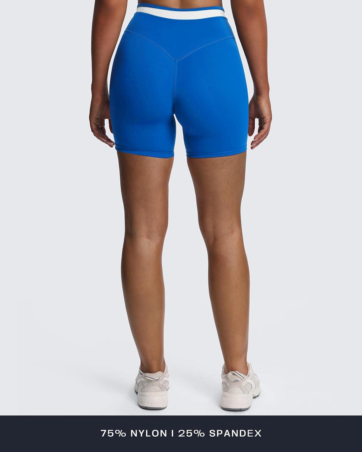 image:imageAoxjox Velma Workout Biker Shorts for Women Color Block CrossWaist High Waisted Exercise Gym Running Yoga Short 6Directoire BlueWhite