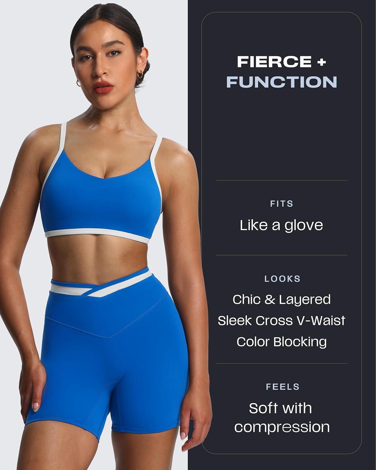 image:imageAoxjox Velma Workout Biker Shorts for Women Color Block CrossWaist High Waisted Exercise Gym Running Yoga Short 6Directoire BlueWhite
