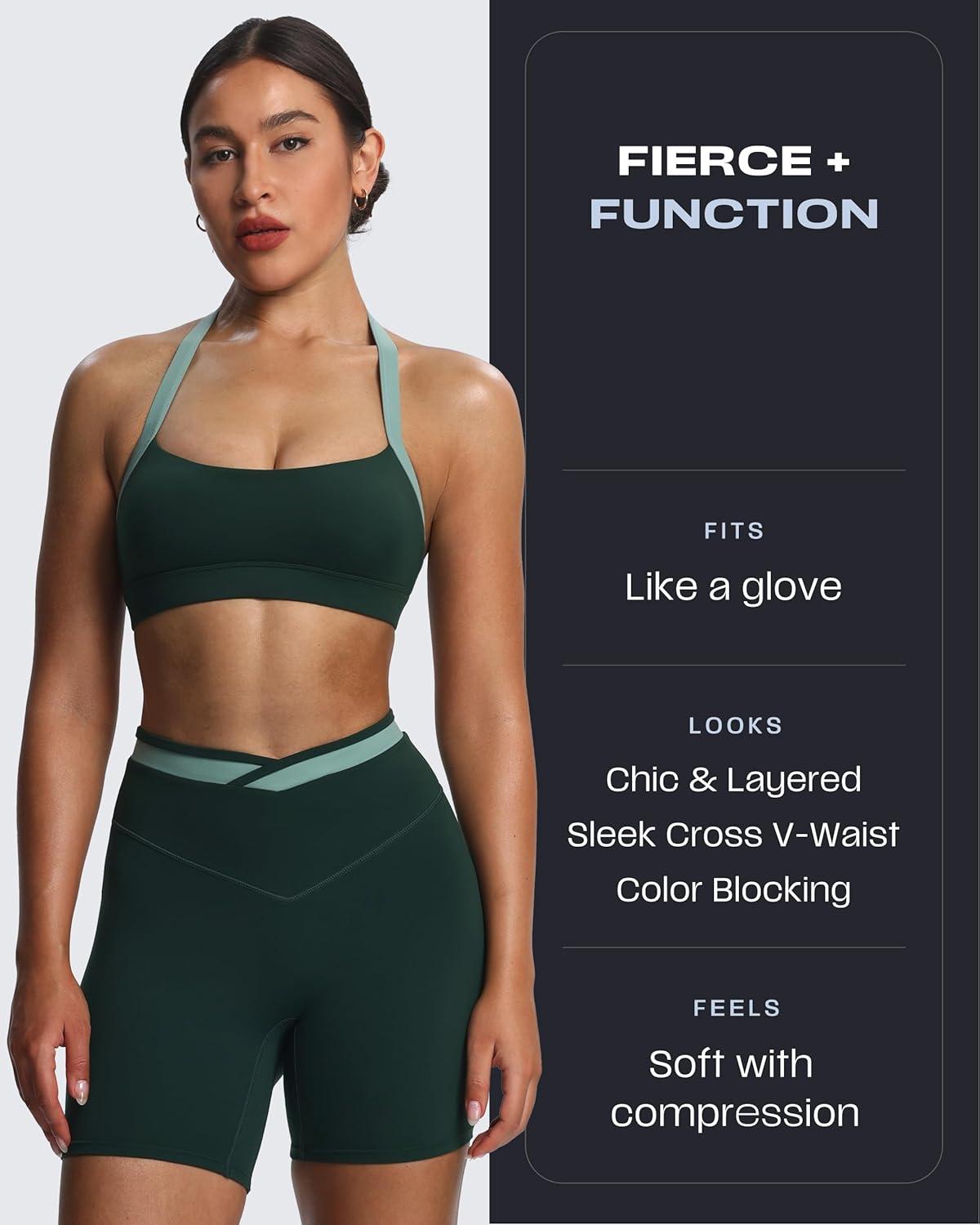 image:imageAoxjox Velma Workout Biker Shorts for Women Color Block CrossWaist High Waisted Exercise Gym Running Yoga Short 6Forest GreenSage Green