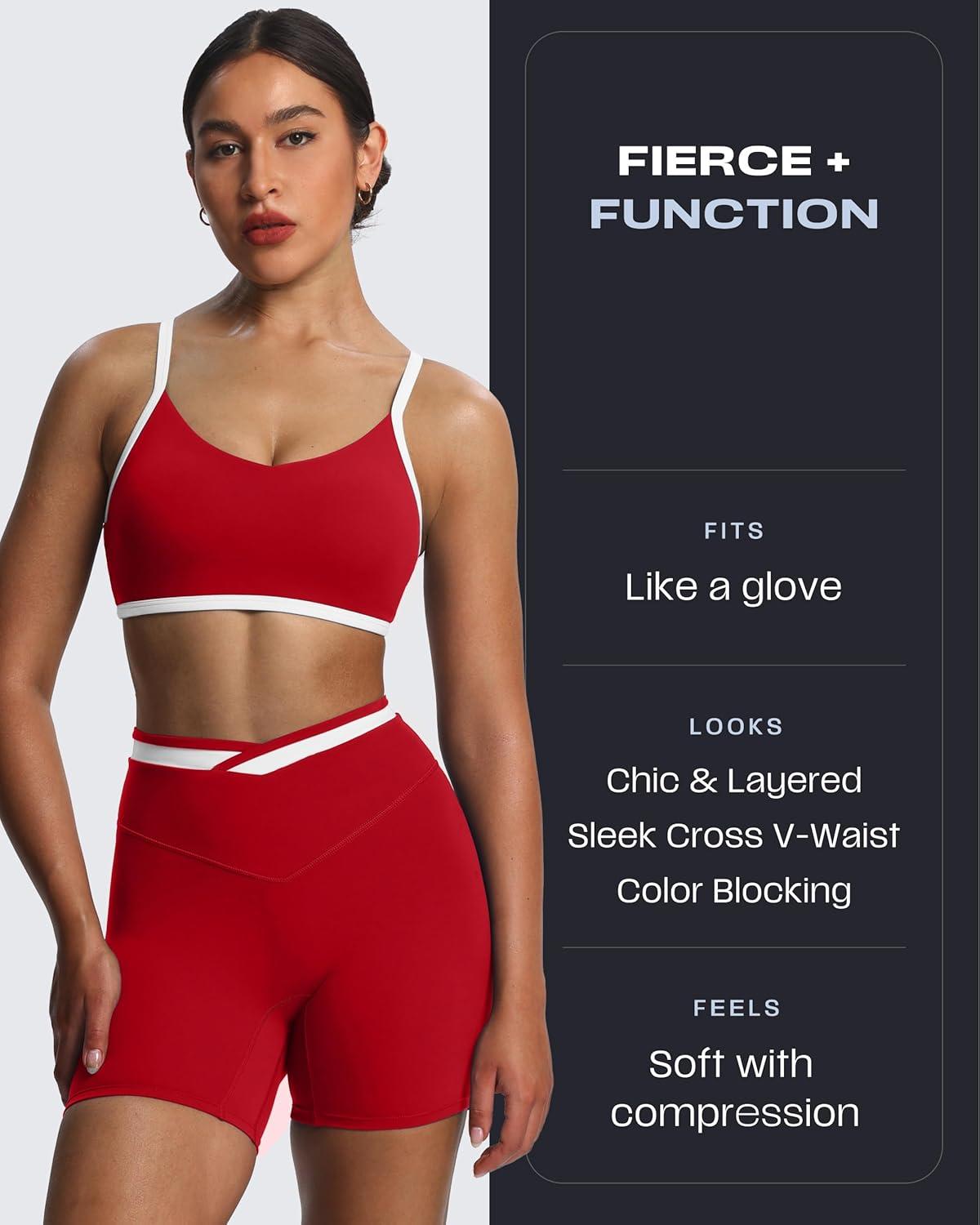 image:imageAoxjox Velma Workout Biker Shorts for Women Color Block CrossWaist High Waisted Exercise Gym Running Yoga Short 6Racing RedWhite