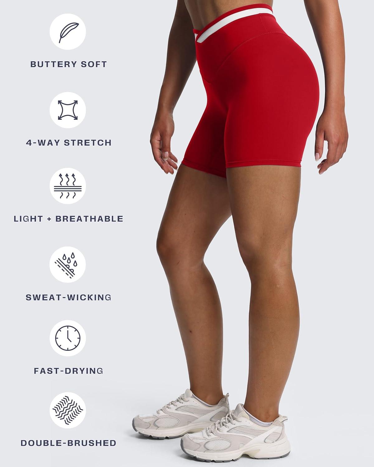 image:imageAoxjox Velma Workout Biker Shorts for Women Color Block CrossWaist High Waisted Exercise Gym Running Yoga Short 6Racing RedWhite
