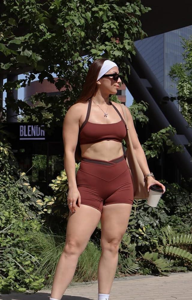 image:imageAoxjox Velma Workout Biker Shorts for Women Color Block CrossWaist High Waisted Exercise Gym Running Yoga Short 6Rum RaisinMulch