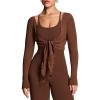 image:imageAoxjox Womens Athlenza Ruffle Wrap Tie Front Tops Long Sleeve Shrug Crop Top Ballet Yoga Workout CardiganBrown