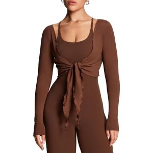 image:imageAoxjox Womens Athlenza Ruffle Wrap Tie Front Tops Long Sleeve Shrug Crop Top Ballet Yoga Workout CardiganBrown