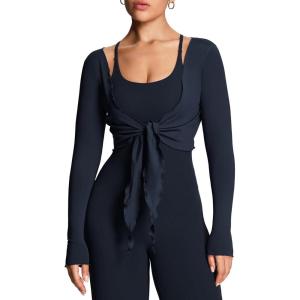 image:imageAoxjox Womens Athlenza Ruffle Wrap Tie Front Tops Long Sleeve Shrug Crop Top Ballet Yoga Workout CardiganNavy