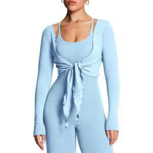 image:imageAoxjox Womens Athlenza Ruffle Wrap Tie Front Tops Long Sleeve Shrug Crop Top Ballet Yoga Workout CardiganPowder Blue