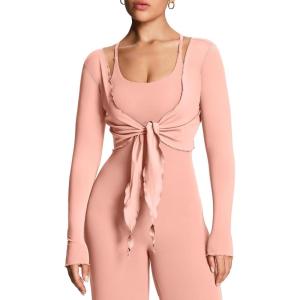 image:imageAoxjox Womens Athlenza Ruffle Wrap Tie Front Tops Long Sleeve Shrug Crop Top Ballet Yoga Workout CardiganSatin Nude Pink