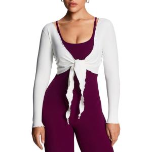 image:imageAoxjox Womens Athlenza Ruffle Wrap Tie Front Tops Long Sleeve Shrug Crop Top Ballet Yoga Workout CardiganWhite