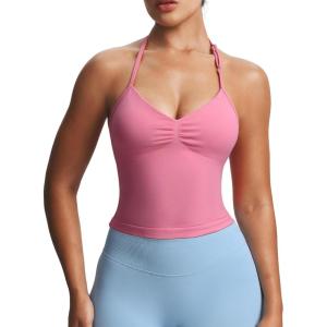 image:imageAoxjox Workout Seamless Sleeveless for Women Adjustable Halter Impact Longline Strappy Top Yoga Crop TanksSakura Pink