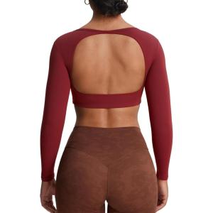 image:imageAoxjox Workout Long Sleeve Crop Tops for Women Clarissa Backless Gym Cropped T Shirt Top Burgundy Reddish Brown XSmall