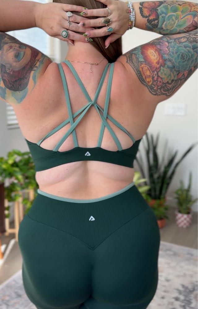 image:imageAoxjox Womens Lexi Lined Seamless Workout Biker Shorts High Waisted Color Block Hidden Scrunch Athletic Yoga Short 55Forest GreenSage Green