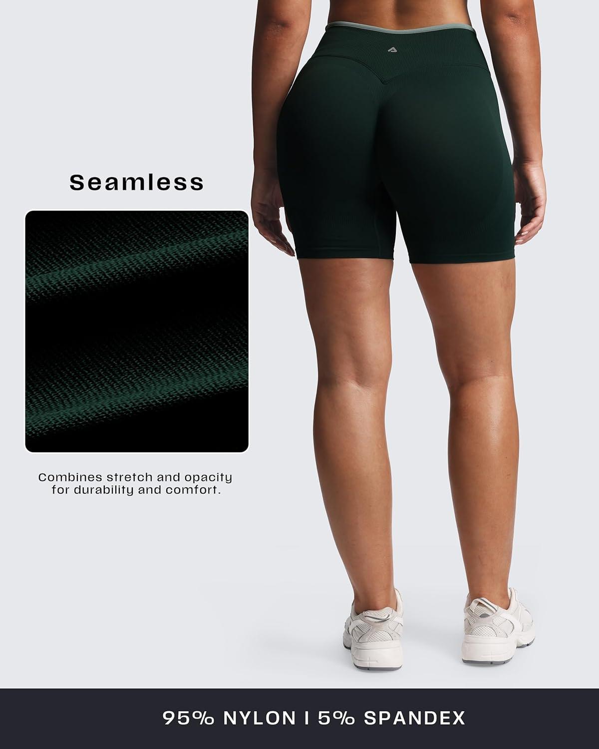 image:imageAoxjox Womens Lexi Lined Seamless Workout Biker Shorts High Waisted Color Block Hidden Scrunch Athletic Yoga Short 55Forest GreenSage Green