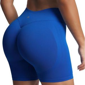image:imageAoxjox Womens Lexi Lined Seamless Workout Biker Shorts High Waisted Color Block Hidden Scrunch Athletic Yoga Short 55Directoire Blue
