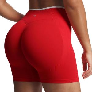image:imageAoxjox Womens Lexi Lined Seamless Workout Biker Shorts High Waisted Color Block Hidden Scrunch Athletic Yoga Short 55Racing RedWhite