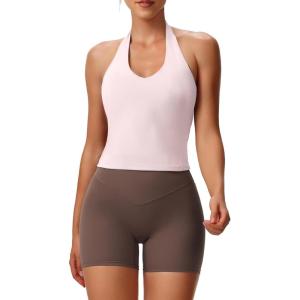 image:imageAoxjox Womens Sleeveless Hailey Halter Tank Tops Workout Athletics Gym Yoga Curve Longline Crop TopSoft Blush