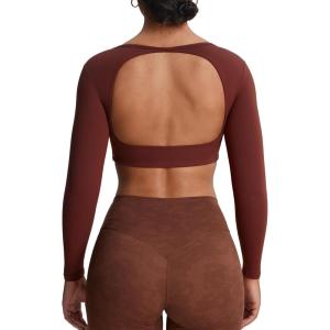 image:imageAoxjox Workout Long Sleeve Crop Tops for Women Clarissa Backless Gym Cropped T Shirt Top Rum Raisin XSmall