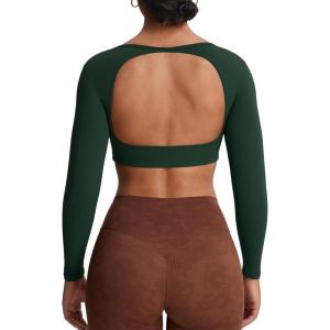 image:imageAoxjox Workout Long Sleeve Crop Tops for Women Clarissa Backless Gym Cropped T Shirt Top Forest Green Deep Depths Green XSmall