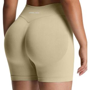 image:imageAoxjox Seamless Biker Shorts for Women Impact Hidden Scrunch Low Waisted Athletic Yoga Short 354556Oyster Beige  With Logo